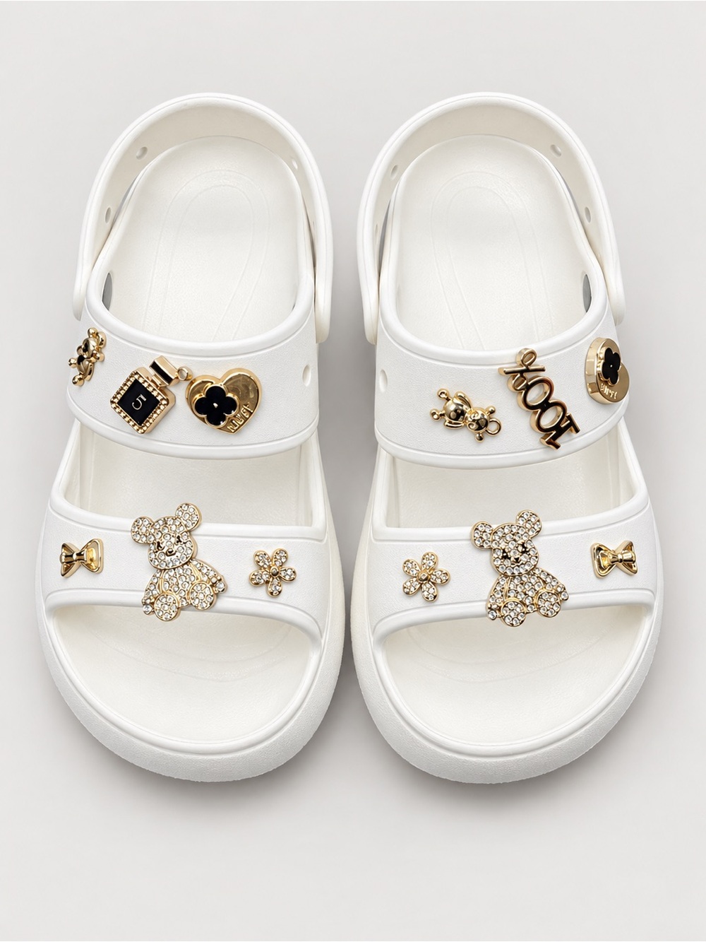 Women’s White Sandal Slides with Gold Crystal Charms